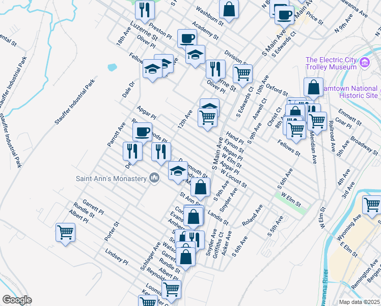 map of restaurants, bars, coffee shops, grocery stores, and more near 1131 W Locust St in Scranton