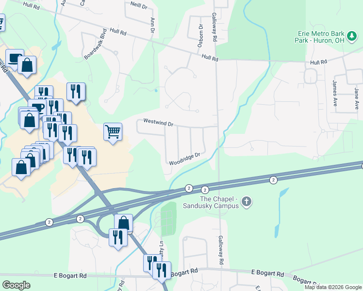 map of restaurants, bars, coffee shops, grocery stores, and more near 4202 Greenfield Drive in Sandusky