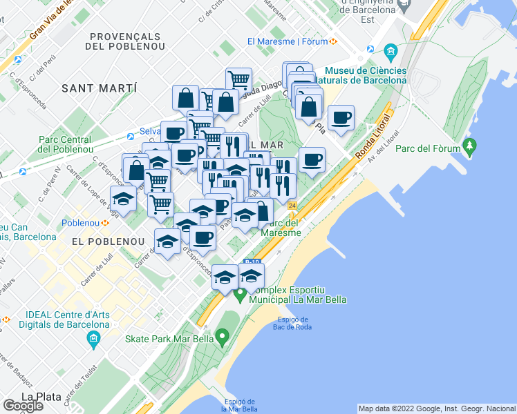 map of restaurants, bars, coffee shops, grocery stores, and more near 222 Passeig del Taulat in Barcelona