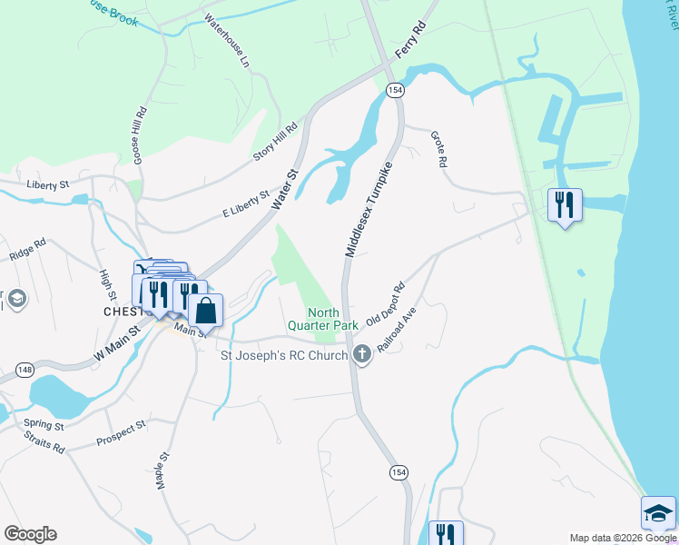 map of restaurants, bars, coffee shops, grocery stores, and more near 135 Smith Road in East Haddam