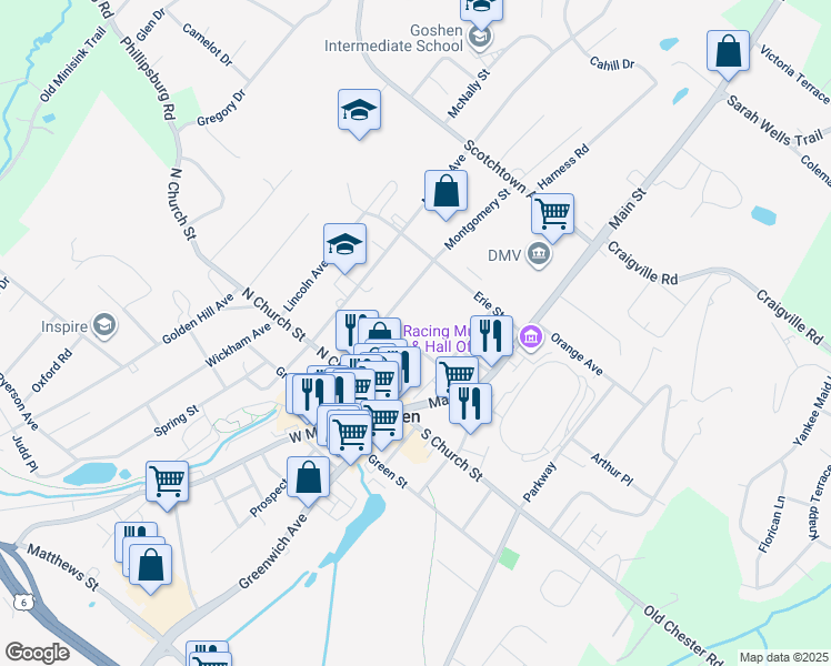 map of restaurants, bars, coffee shops, grocery stores, and more near 55 Saint John Street in Goshen