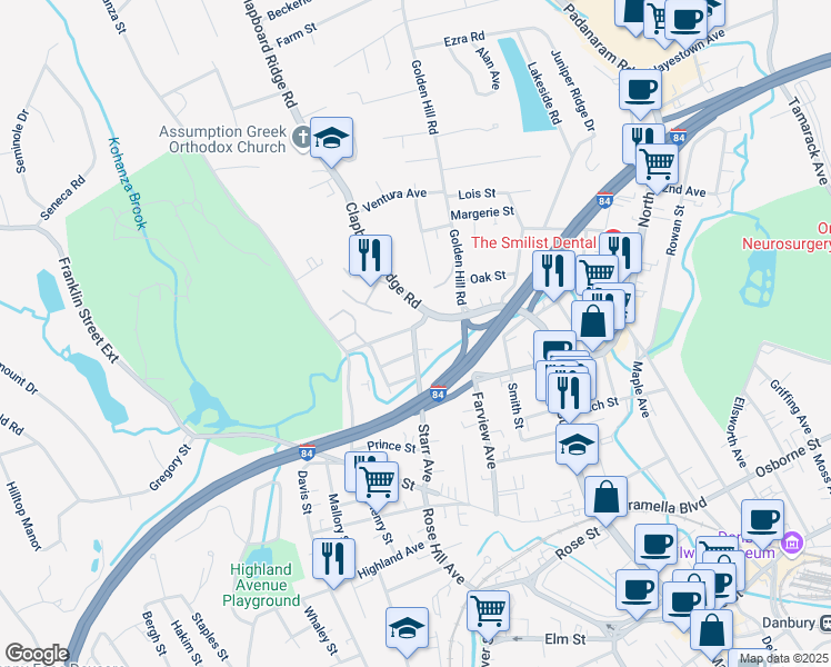 map of restaurants, bars, coffee shops, grocery stores, and more near 472 Cowperthwaite Street in Danbury