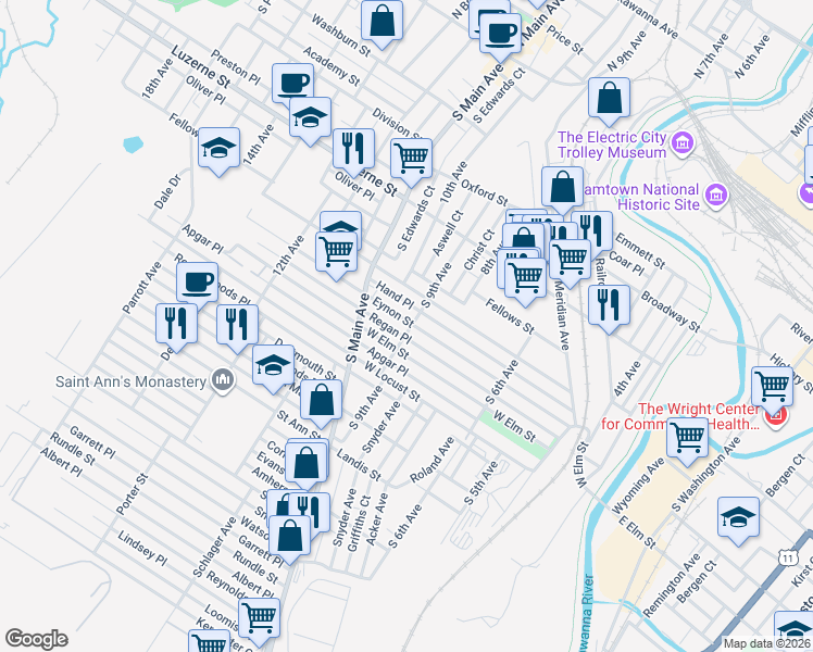 map of restaurants, bars, coffee shops, grocery stores, and more near 700-712 South 9th Avenue in Scranton