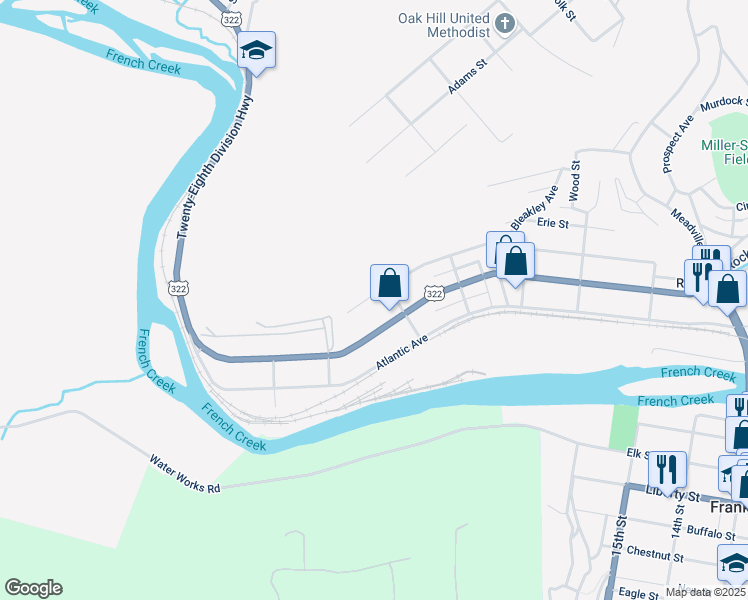 map of restaurants, bars, coffee shops, grocery stores, and more near 217 Missouri St in Franklin