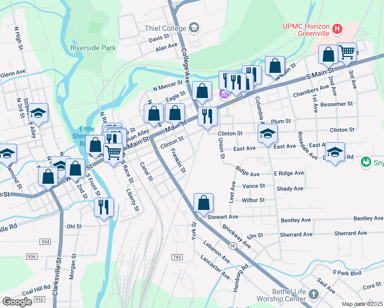 map of restaurants, bars, coffee shops, grocery stores, and more near 56-98 Harrison Street in Greenville