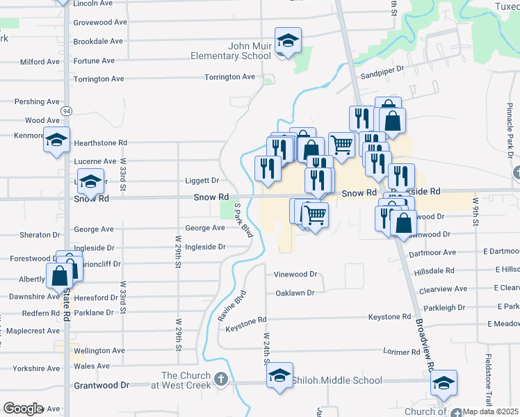 map of restaurants, bars, coffee shops, grocery stores, and more near 2401 Snow Road in Parma