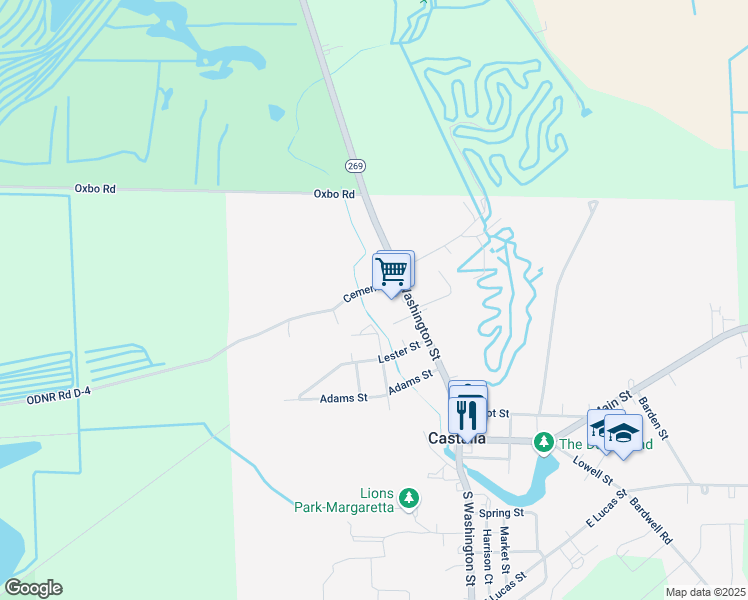 map of restaurants, bars, coffee shops, grocery stores, and more near 114 Cement Street in Castalia
