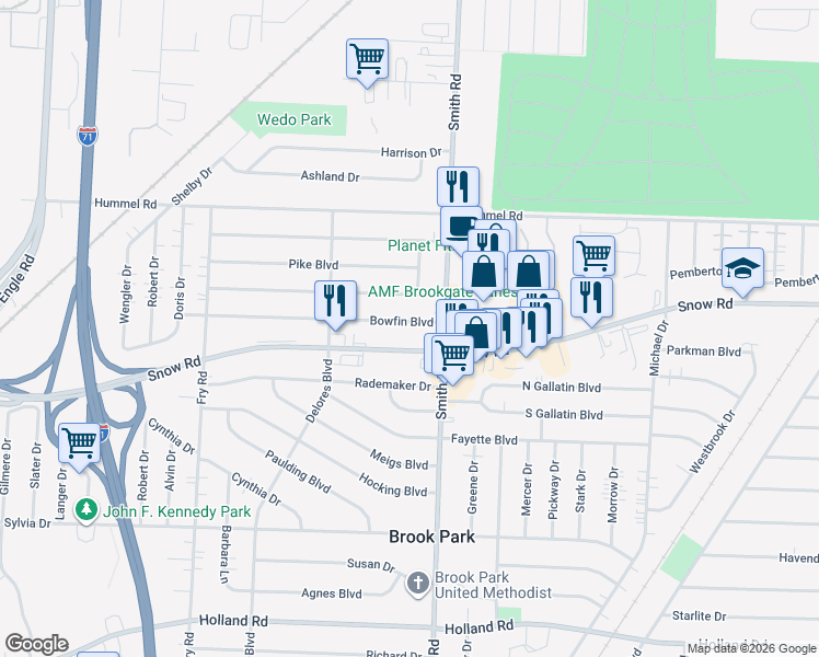 map of restaurants, bars, coffee shops, grocery stores, and more near 15393 Bowfin Boulevard in Brook Park