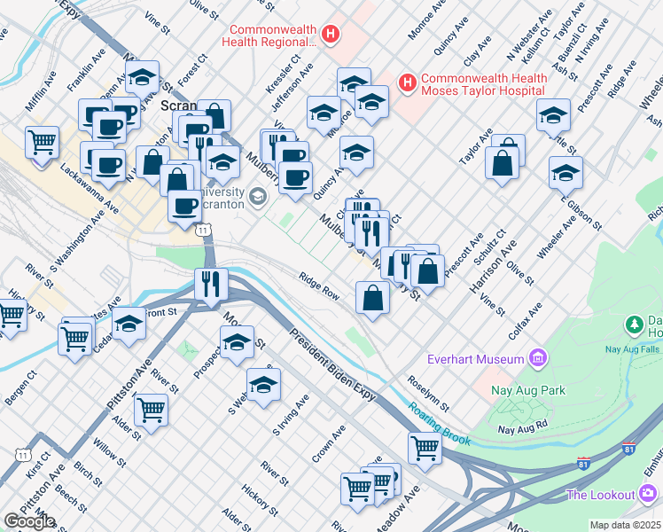 map of restaurants, bars, coffee shops, grocery stores, and more near 1131 Linden Street in Scranton