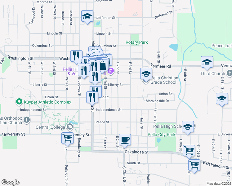 map of restaurants, bars, coffee shops, grocery stores, and more near 605 East 2nd Street in Pella