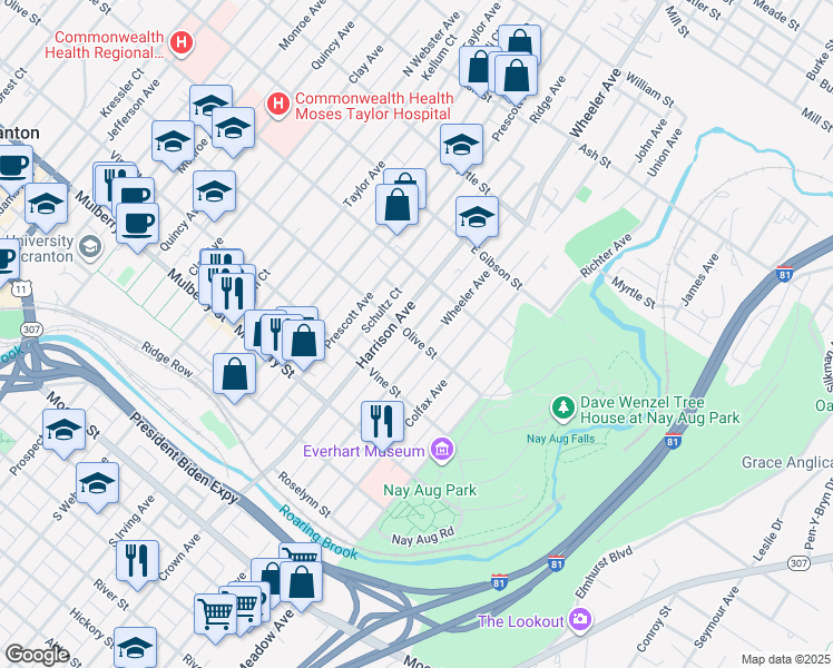 map of restaurants, bars, coffee shops, grocery stores, and more near 1615 Olive Street in Scranton