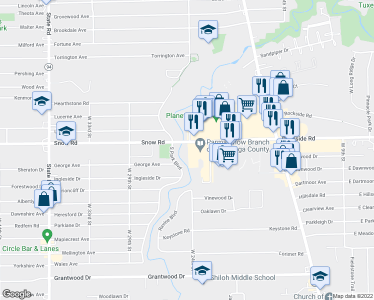 map of restaurants, bars, coffee shops, grocery stores, and more near 2401 Snow Road in Parma