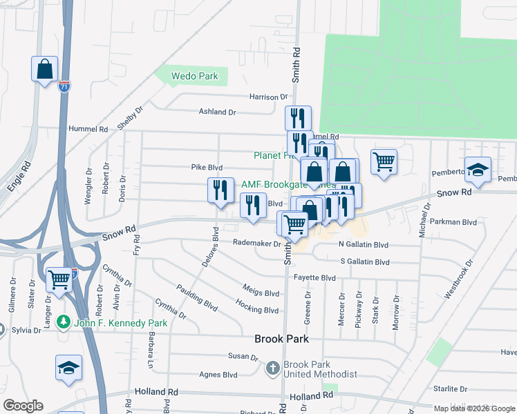 map of restaurants, bars, coffee shops, grocery stores, and more near 15393 Bowfin Boulevard in Brook Park