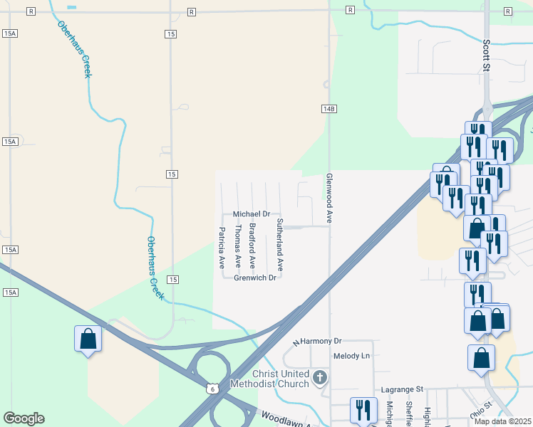 map of restaurants, bars, coffee shops, grocery stores, and more near 116 Michael Dr in Napoleon