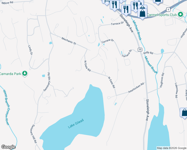 map of restaurants, bars, coffee shops, grocery stores, and more near 21 North Gate Road in Carmel Hamlet