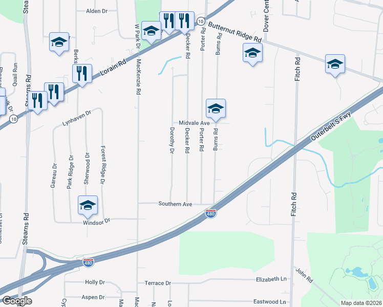 map of restaurants, bars, coffee shops, grocery stores, and more near 5895 Decker Road in North Olmsted