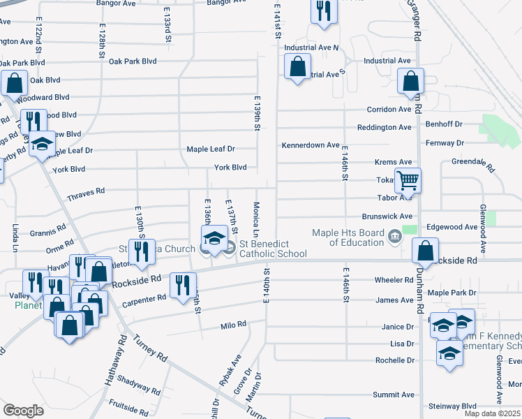 map of restaurants, bars, coffee shops, grocery stores, and more near 5853 Monica Lane in Garfield Heights