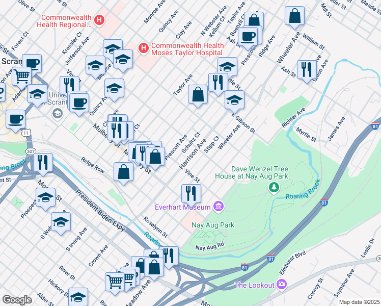 map of restaurants, bars, coffee shops, grocery stores, and more near 535 Harrison Avenue in Scranton