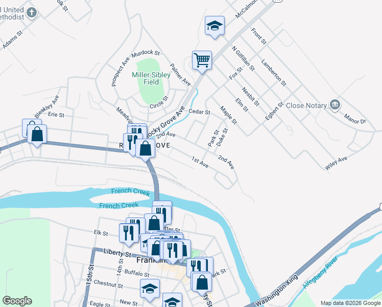 map of restaurants, bars, coffee shops, grocery stores, and more near 101 1st Avenue in Franklin