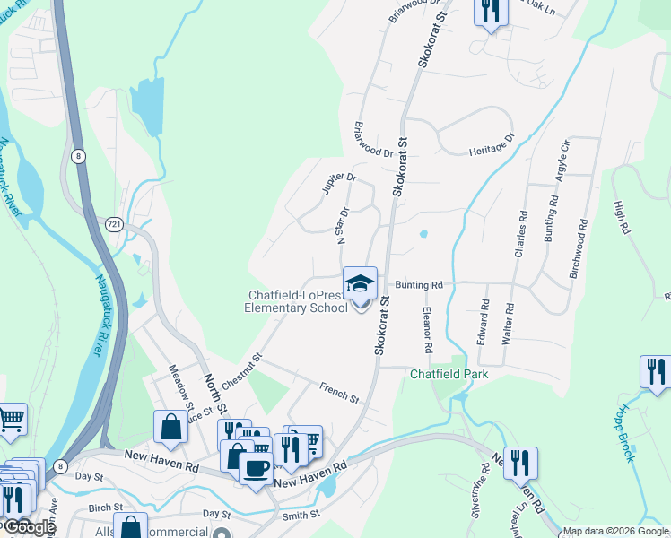 map of restaurants, bars, coffee shops, grocery stores, and more near 1 North Star Drive in Seymour