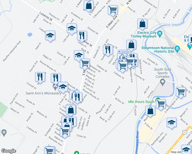 map of restaurants, bars, coffee shops, grocery stores, and more near 700 South 9th Avenue in Scranton