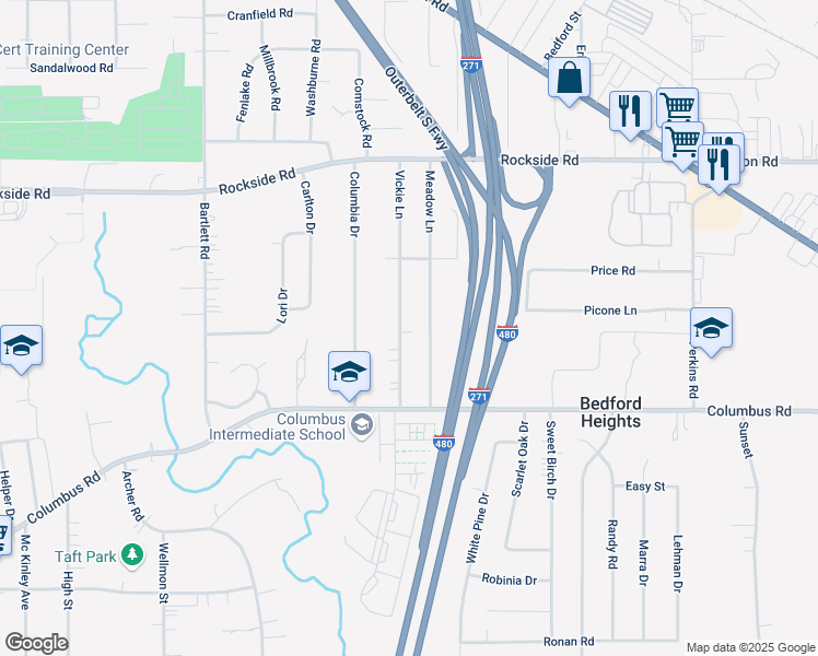 map of restaurants, bars, coffee shops, grocery stores, and more near 5683 Vickie Lane in Bedford Heights