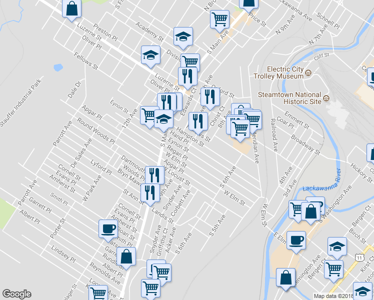 map of restaurants, bars, coffee shops, grocery stores, and more near 801 Eynon Street in Scranton