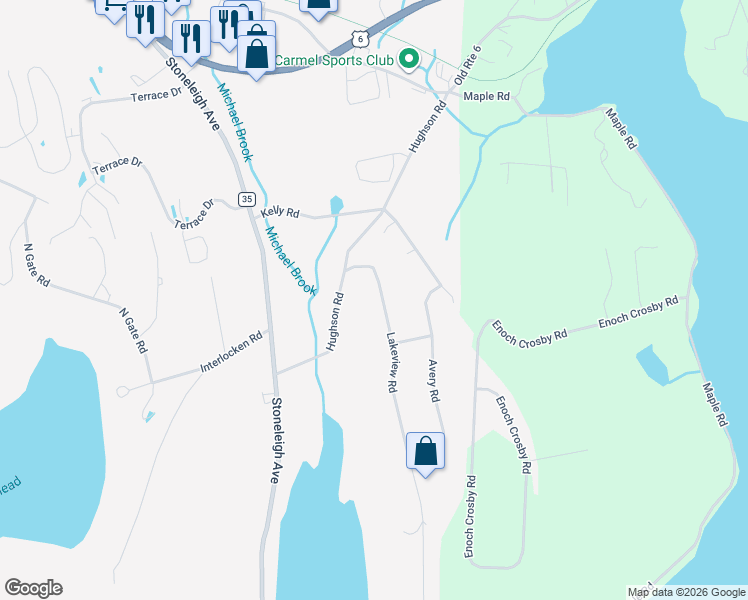 map of restaurants, bars, coffee shops, grocery stores, and more near 8 Lakeview Road in Carmel Hamlet