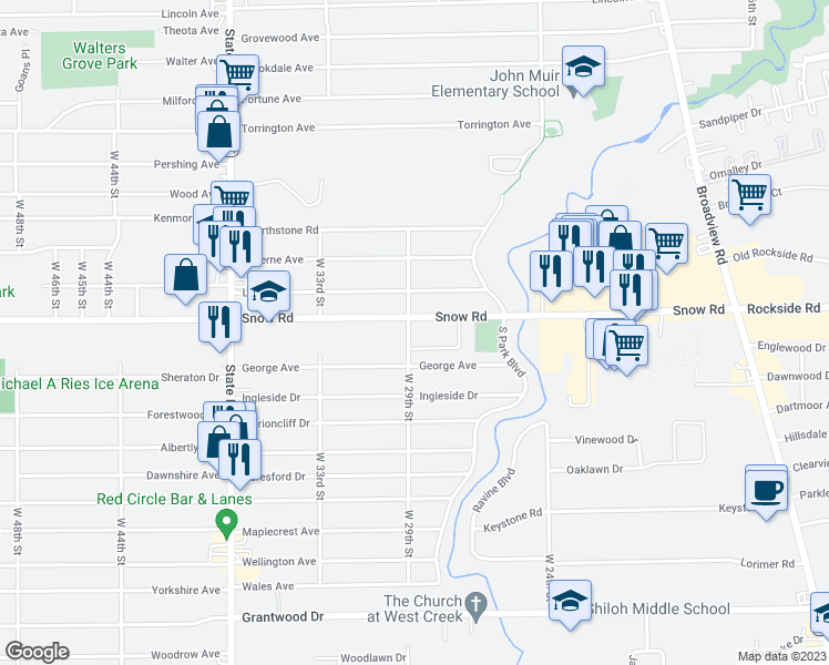map of restaurants, bars, coffee shops, grocery stores, and more near 5801 West 29th Street in Parma