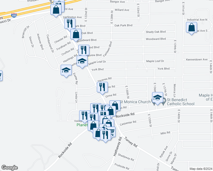 map of restaurants, bars, coffee shops, grocery stores, and more near 12711 Grannis Road in Garfield Heights