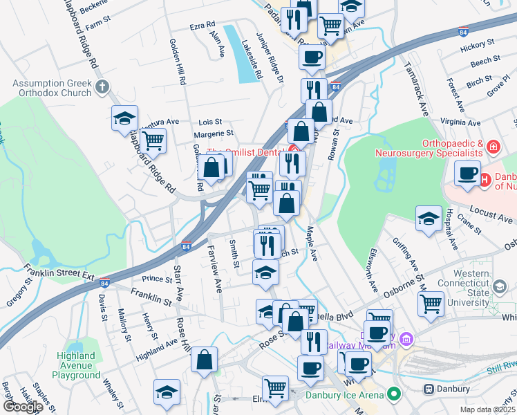 map of restaurants, bars, coffee shops, grocery stores, and more near 425 Connecticut 39 in Danbury
