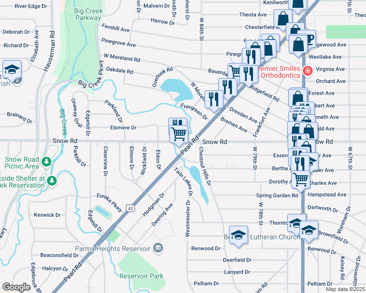 map of restaurants, bars, coffee shops, grocery stores, and more near 8761 Snow Road in Parma Heights