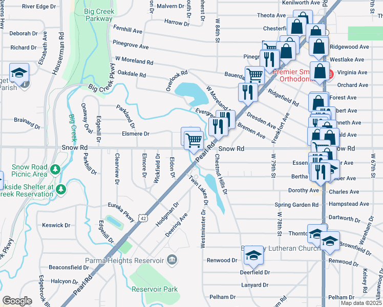 map of restaurants, bars, coffee shops, grocery stores, and more near 8761 Snow Road in Parma Heights