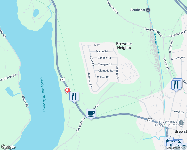 map of restaurants, bars, coffee shops, grocery stores, and more near 4 Wilson Road in Brewster