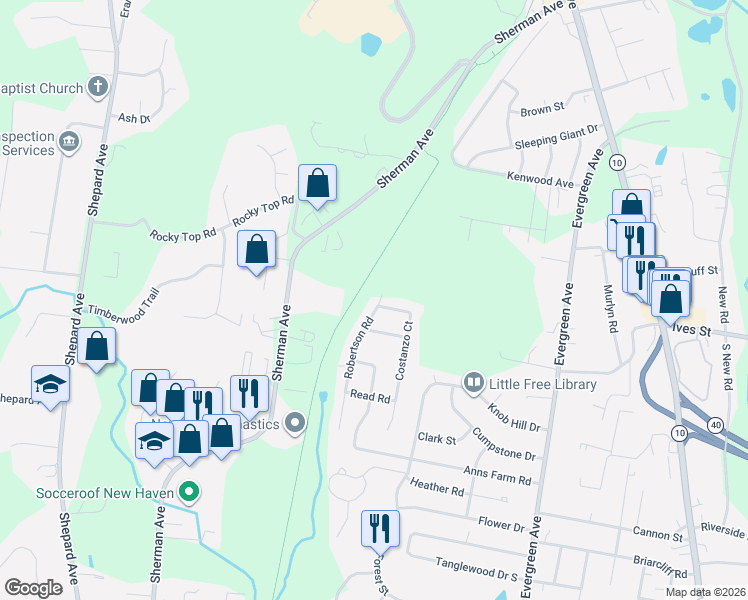map of restaurants, bars, coffee shops, grocery stores, and more near 19 Robertson Road in Hamden