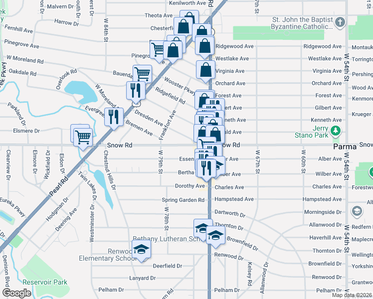 map of restaurants, bars, coffee shops, grocery stores, and more near 7515 Snow Rd in Parma