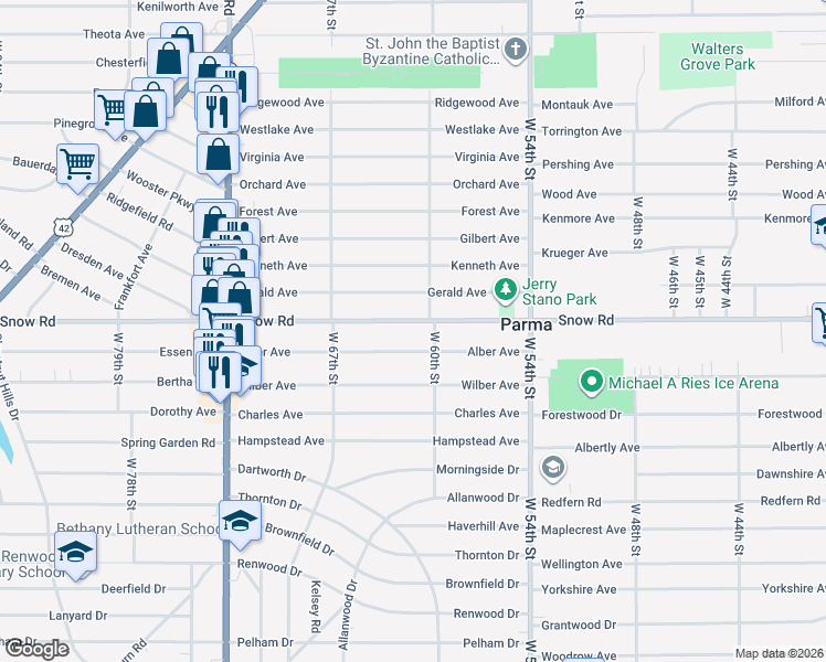 map of restaurants, bars, coffee shops, grocery stores, and more near 6105 Snow Road in Parma