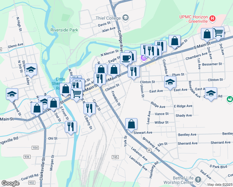 map of restaurants, bars, coffee shops, grocery stores, and more near 11 Franklin Street in Greenville