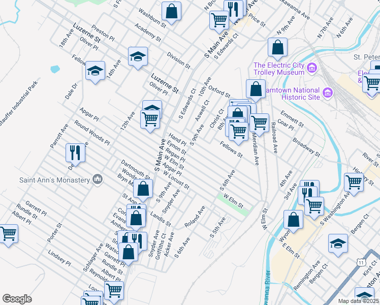 map of restaurants, bars, coffee shops, grocery stores, and more near 700-712 South 9th Avenue in Scranton