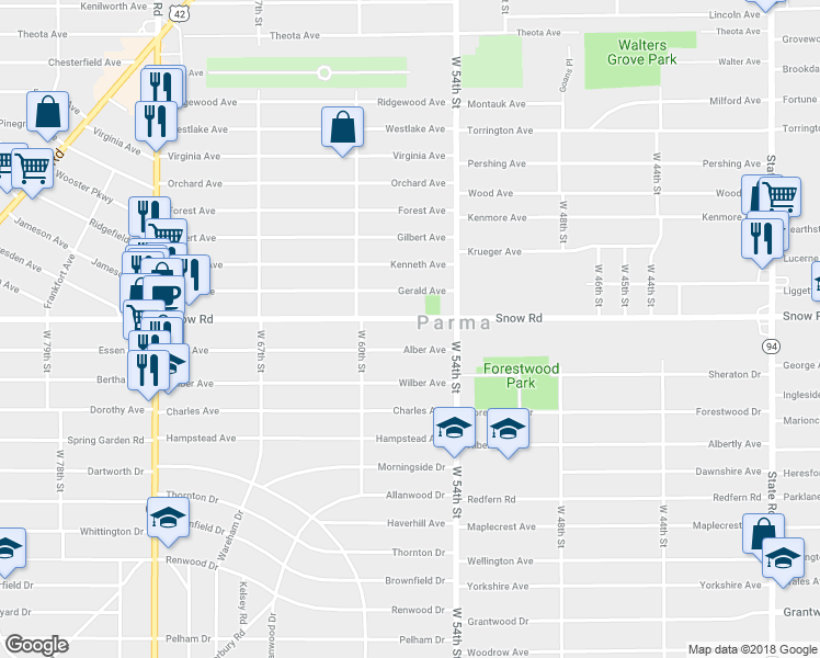 map of restaurants, bars, coffee shops, grocery stores, and more near 5615 Snow Road in Parma