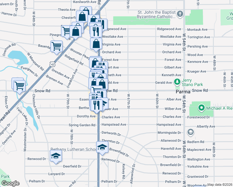 map of restaurants, bars, coffee shops, grocery stores, and more near 6907 Snow Road in Parma