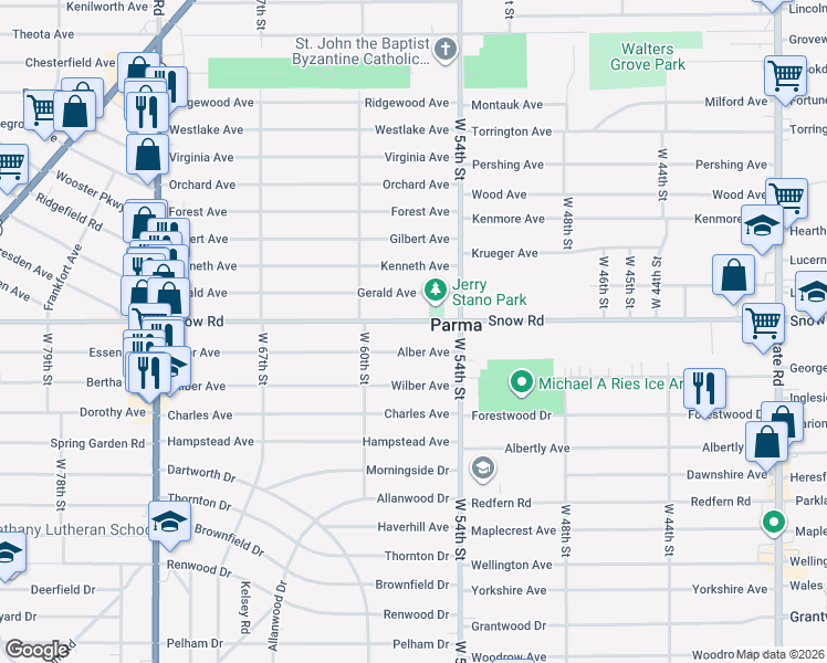 map of restaurants, bars, coffee shops, grocery stores, and more near 5615 Snow Road in Parma