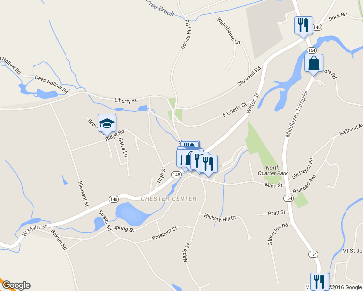 map of restaurants, bars, coffee shops, grocery stores, and more near 23 North Main Street in Chester