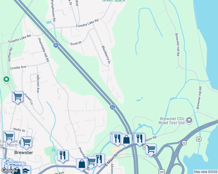map of restaurants, bars, coffee shops, grocery stores, and more near 1104 Village Drive in Brewster