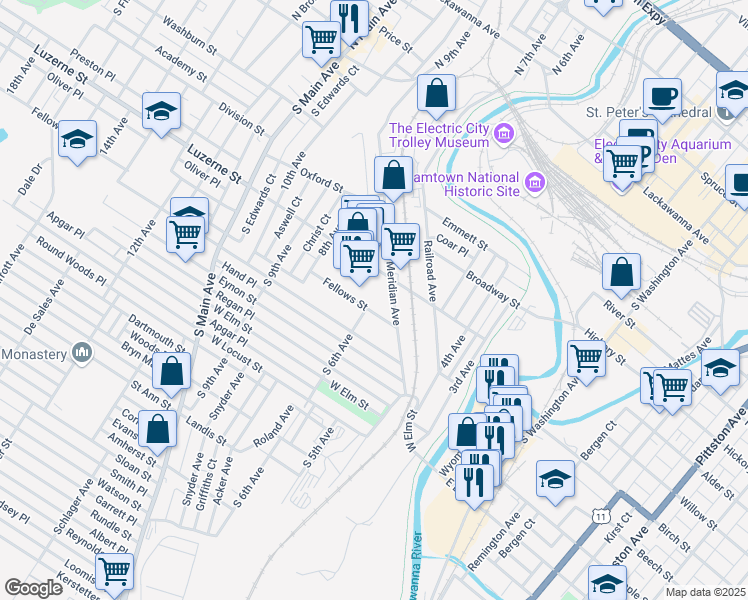 map of restaurants, bars, coffee shops, grocery stores, and more near 624 Fellows Street in Scranton