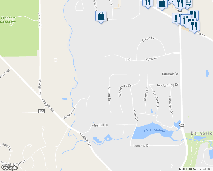 map of restaurants, bars, coffee shops, grocery stores, and more near 17070 Sunset Drive in Chagrin Falls