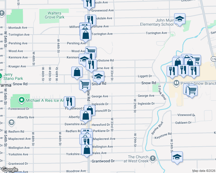 map of restaurants, bars, coffee shops, grocery stores, and more near 3311 Snow Road in Parma