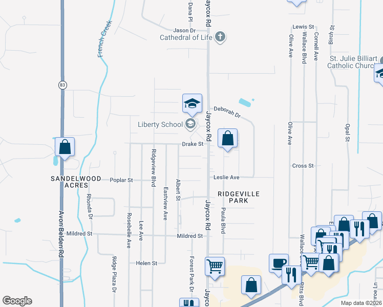 map of restaurants, bars, coffee shops, grocery stores, and more near 35134 Spruce Street in North Ridgeville