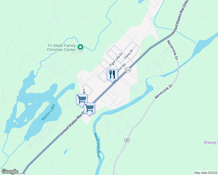 map of restaurants, bars, coffee shops, grocery stores, and more near 231 U.S. 209 in Huguenot