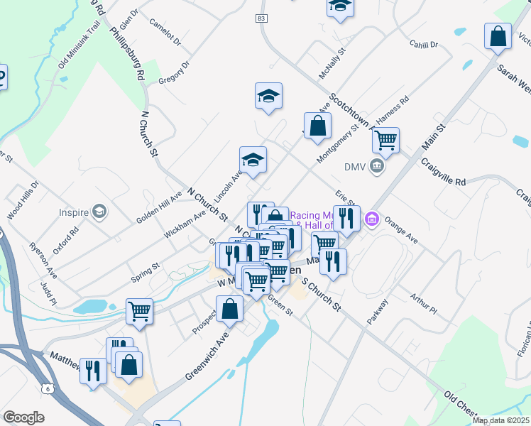 map of restaurants, bars, coffee shops, grocery stores, and more near 39 Montgomery Street in Goshen